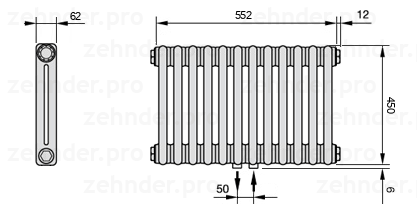 Схема (чертеж) Радиатор Zehnder Charleston 2045/12 №5410 Белый глянцевый RAL 9016